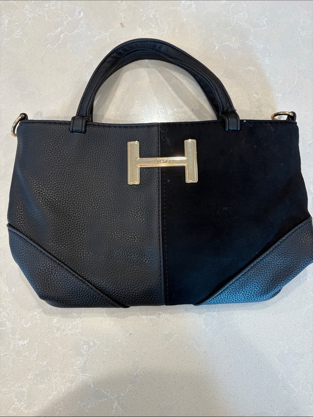 Halston Heritage Black Two-Texture Top-Handle Satchel with Gold H Hardware